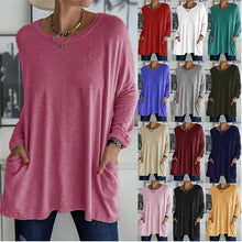 Load image into Gallery viewer, Round Neck Long Sleeve Loose Pocket Solid T-Shirt

